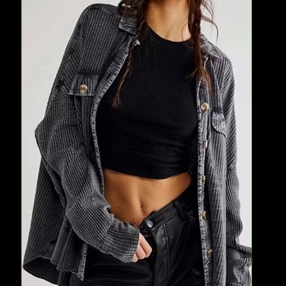 Free People FP ONE Scout Thermal Top Shirt Jacket Shacket CHARCOAL sz XL - Picture 5 of 16